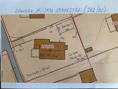 Situasjonsplan som viser tomtens grenser, bygningens plassering, og arealoppdelinger (BYA og tomtebrutto).