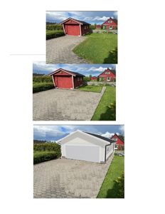 Bildet viser en kombinasjon av to eksisterende bilder av en garasje og en 3D-rendering av den samme garasjen etter en fargeendring.