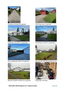 En samling av 8 fotografier som viser en garasje, innkjøringsvei og grøntområde på eiendommen Sagveien 34.