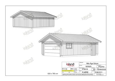 Fasadetegning av en garasje med to perspektiver (fra siden og frontalt).