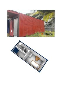 Bildet viser en kombinasjon av et fotografi av en rød containerbygning og en 3D-interiørvisualisering av samme container.