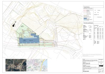 Situasjonsplan som viser tomtens beliggenhet, topografi (konturlinjer), naboeiendommer og bygningers plassering med arealoppdelinger.