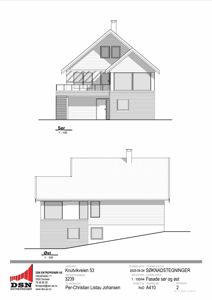 Fasadetegning som viser bygningens utseende sett fra sør og øst.
