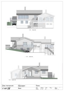 Tegning som viser fasadeopprikk for en bygning sett fra tre sider (Øst, Sør og Vest).