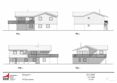 Fasadetegning som viser bygningens utseende fra fire sider (Sør, Øst, Nord, Vest).