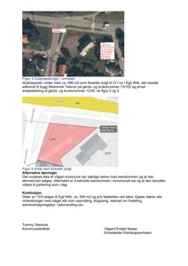 Dokumentet inneholder to kart: øverst et flyfoto med overlagte ruter (avløpsledninger) og nederst et fargerikt kart som viser eiendomsarealer (13/5 og 13/74) med mål og areal. Begge er geografiske representasjoner.