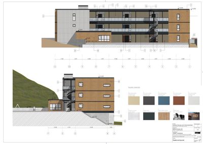 Tegning som viser fasadeoppsett, materialvalg og dimensjoner for bygningens nord-vestre side.