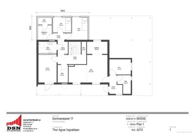 Etasjeplan (plan 1) som viser romfordeling, arealer og dimensjoner for en bolig.