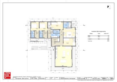 Etasjeplan for 1. etasje i en salvevningsbolig, med romfordeling, mål og arealoppdeling.
