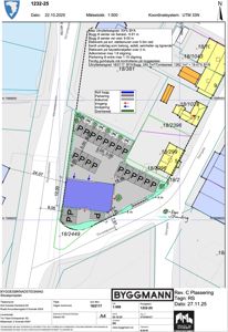 Situasjonsplan som viser tomtens plassering, nabolag, byggegrenser og planlagt bebyggelse.