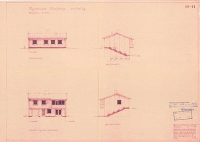 Fasadetegning for et typeløs hus (Kneiken) med utsnitt av front, gavl og sidefasade.
