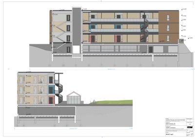 Snittegning (Section C-C og Section D-D) som viser bygningens tverrsnitt, konstruksjon, høyder og grunnforhold.