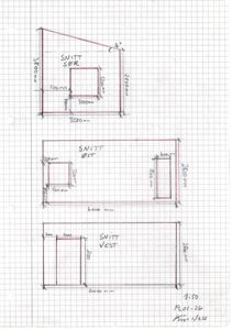Håndtegnet snittegning (Sør, Øst, Vest) med mål og vinkler.