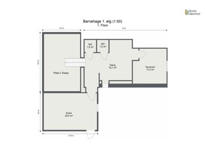 Etasjeplan for 1. etasje av en barnehage, med romfordeling, dimensjoner og arealoppdelinger.