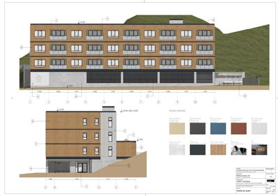 Fasadetegning som viser bygningens ytre utseende, materialvalg og dimensjoner.
