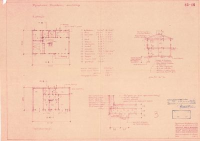 Bildet viser en tegning med etasjeplaner (1. etasje og underetasje) samt et snitt (snitt a-a) for en bygning. Det er også inkludert romareal og tekniske detaljer.