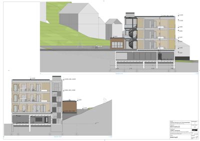 Bildet viser to snittegninger (Section A-A og Section B-B) av en fleretasjes bygning. Snittene illustrerer bygningens indre oppbygning, romfordeling, konstruksjoner og høyder.