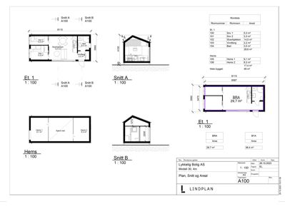 En tegning som viser etasjeplan (Et. 1), hemsplan og to snittegninger (Snitt A og B) for en bolig, samt romliste og arealoppsett.