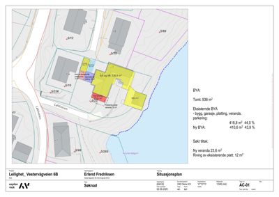 Situasjonsplan som viser tomtens beliggenhet, eksisterende og nye bygninger, vegnett og arealoppdelinger.