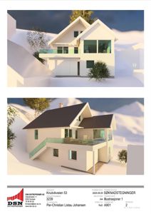 3D-visualisering av et hus sett fra flere vinkler (front og side), sannsynligvis for å illustrere fasade og volum i en byggesøknad.