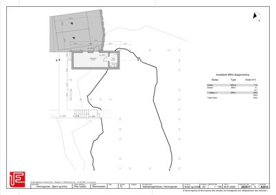 Situasjonsplan som viser tomtens form, grenser, naboeiendommer, og plassering av en bygning (Sønderhus) med angitte mål og høyder.