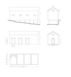 Bildet viser fasadetegninger (opprikk) av en bygning sett fra flere vinkler, samt en planutsnitt (snitt) av bygningen.