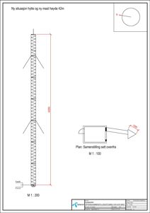 Situasjonsplan som viser plassering av en ny hytte og en ny mast (42m høyde) på tomt, med retning (N) og dimensjoner.