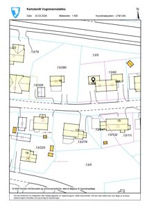 Kartutsnitt (situasjonsplan) som viser eiendomsinndeling, bygningers plassering og vegnett i Vognmannsløkka.