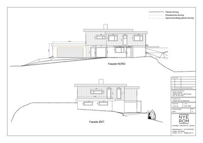 Fasadetegning som viser bygningens utseende sett fra nord og øst, inkludert terrengforhold og dimensjoner.