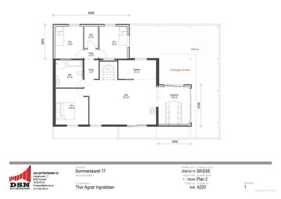 Etasjeplan (Plan 2) som viser romfordeling, størrelser og plassering av rom i en bolig.