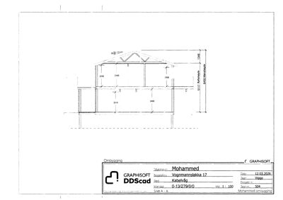 Snittegning (Snitt A-A) som viser bygningens tverrsnitt, høyder, takform og konstruksjon.