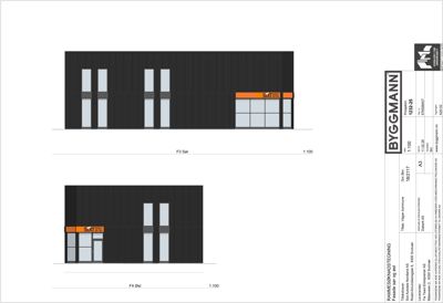 Fasadetegning som viser fronten (F3 Sør) og siden (F4 Øst) av en bygning med vinduer og fasadematerialer.