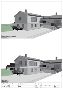 3D-visualiseringer (renderinger) av en bygning sett fra utsiden, med to alternativer for fasadeutforming: 'Eksisterende fasader' og 'Søkt tiltak'.