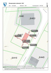 Situasjonsplan (målestokk 1:250) som viser eiendomsnummer, grenser, areal og nabolag.