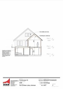 Snittegning som viser tverrsnittet av en bygning med oppgitt høyder, planfordeling og konstruksjonsdetaljer.