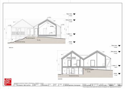 Tegning som viser tverrsnitt gjennom bygningen (Snitt A-A og Snitt B-B) med høydemål og romfordeling.