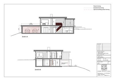Tegning som viser tverrsnitt gjennom bygningen (Snitt A-A og Snitt B-B) med høydemål og romfordeling.