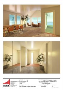 3D-visualisering (rendering) av etasjeplaner med møblering og innredning.