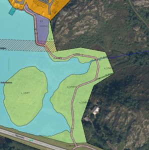 Situasjonsplan som viser tomtedeling, vegnett, vannareal og terrengform.