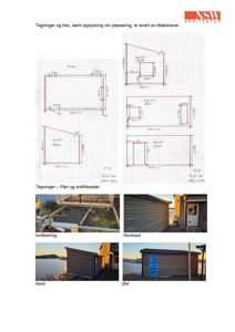 Et sammensatt bilde som viser håndtegnede plan- og snitttegninger øverst, og fire fotografier av en ferdig eller nesten ferdig bygning nederst.