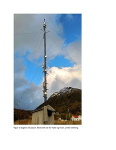 Fotografi av en eksisterende situasjon med en telekommunikasjonsmast og en hytte, med en bakgrunn av fjell og himmel.