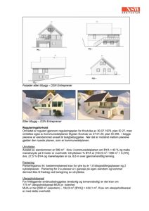 Bildet viser fasadetegninger (oppsett av bygningen sett fra ulike vinkler) samt 3D-renderinger av en planlagt bolig. Under tegningene er det også en tekstbeskrivelse av reguleringsforhold, utnyttelse og parkering.