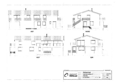Fasadetegning som viser bygningens utseende fra fire sider (Øst, Nord, Vest, Sør).