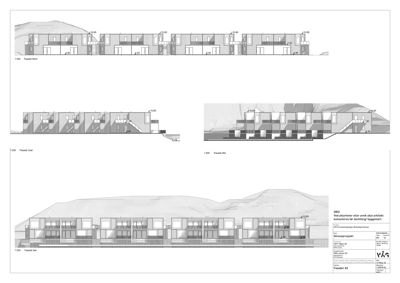 Fasadetegning som viser bygningens utseende fra fire ulike vinkler (Nord, Vest, Sør og Øst) med høydeangivelser.