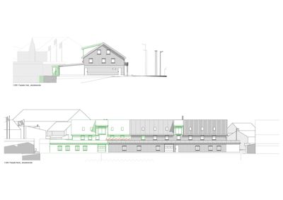 Bildet viser fasadetegninger for en bygning, med oppriss av Vest- og Nord-fasaden inkludert detaljer om materialer og vinduer.