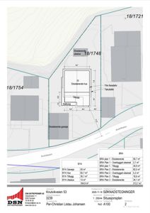 Situasjonsplan som viser eksisterende hus, garasje og tilbygg i forhold til tomtegrenser, vei (Knutvikveien) og BRA/BYA-arealoppsummering.