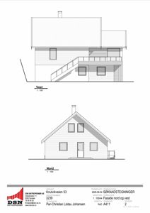 Fasadetegning som viser bygningens utseende fra nord og vest.