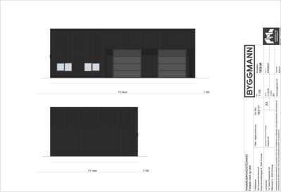Fasadetegning som viser oppriss av bygningens nord- og vestside med vinduer og dører.