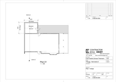 Etasjeplan (Plan 01) som viser romfordeling, mål og en nytilbygning.