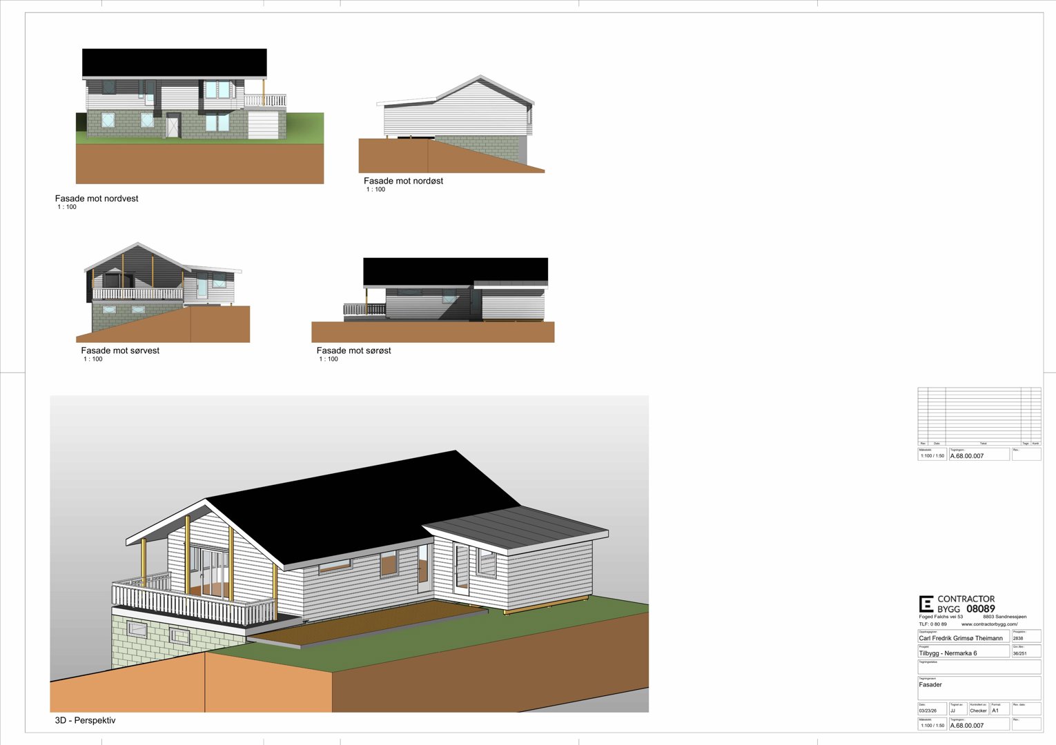 Bildet viser en tegning med fasadeopprikk for en bolig sett fra fire forskjellige sider (nordvest, nordøst, sørvest, sørøst), samt en 3D-perspektivvisning av bygningen.